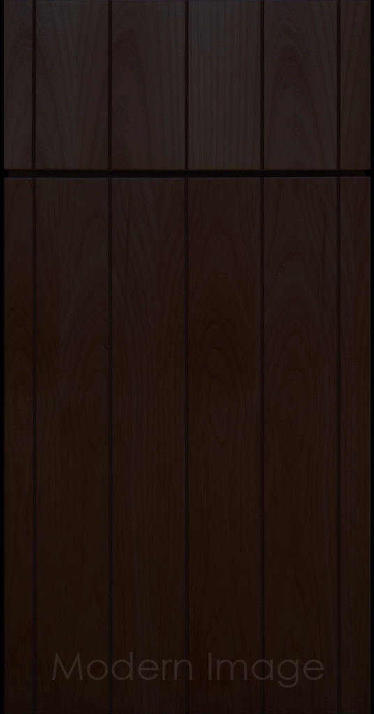 Front view of a Brooklyn style Grooved Flat Panel Cabinet Door and Drawer finished in Chocolate Stain.